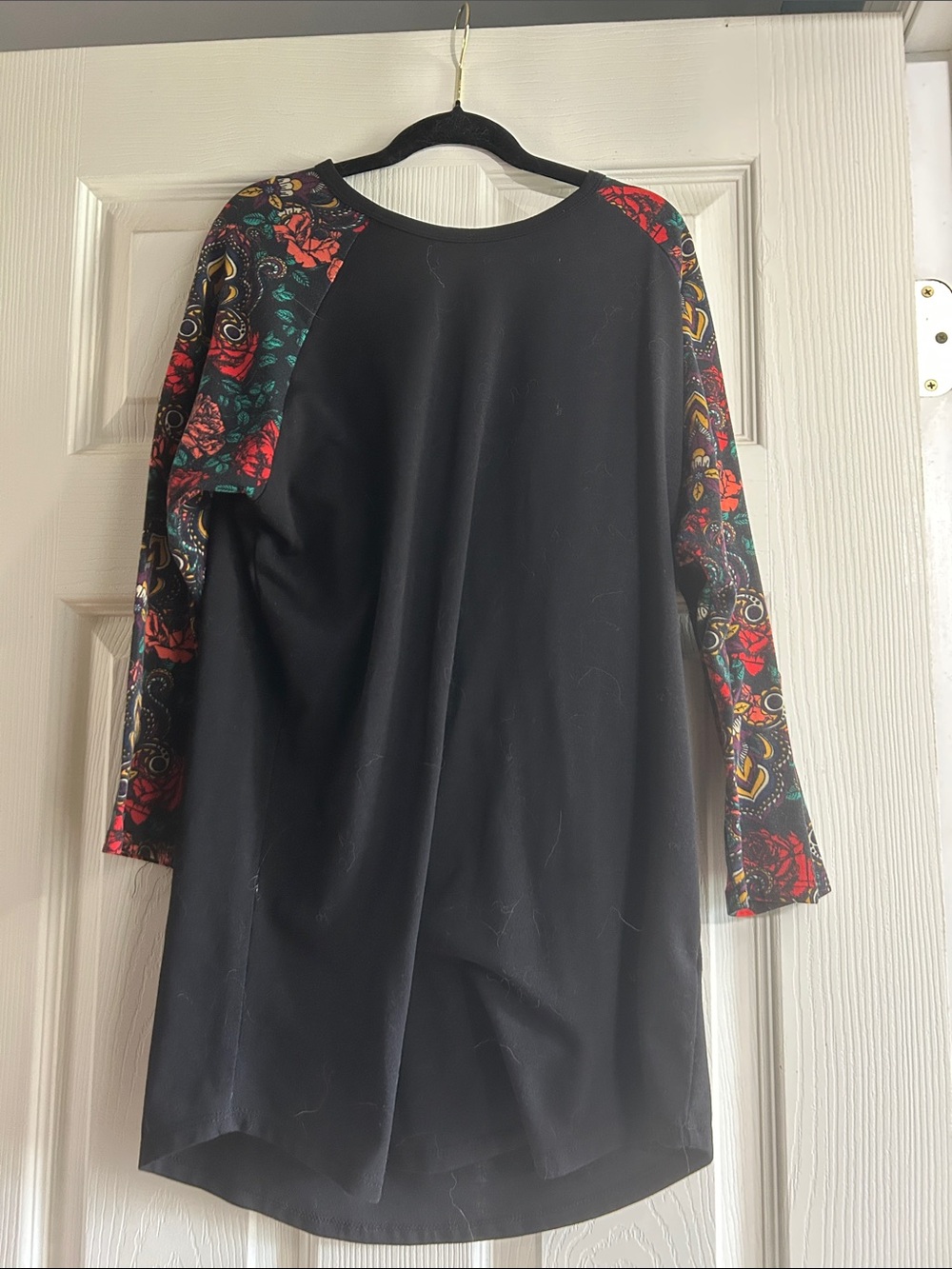 LuLaRoe Black Tunic with Red and Green Floral Print Sleeves